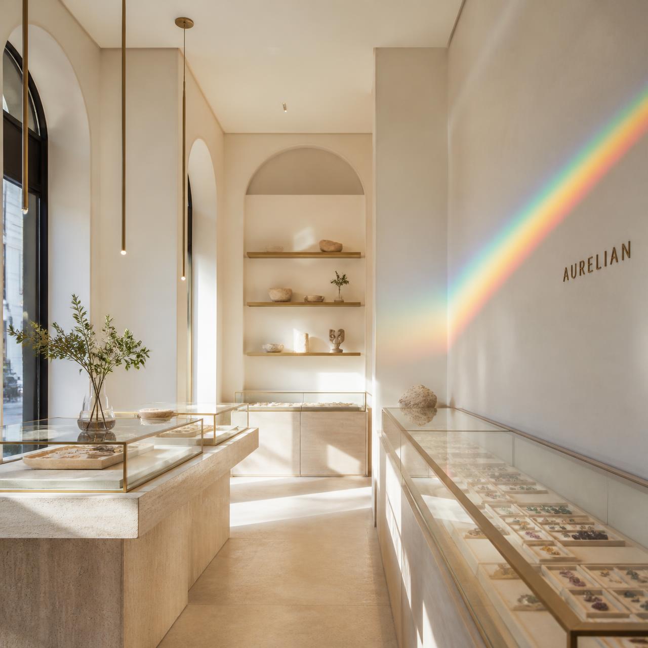 Light-filled luxury gemstone showroom with a prism cast across an ivory wall