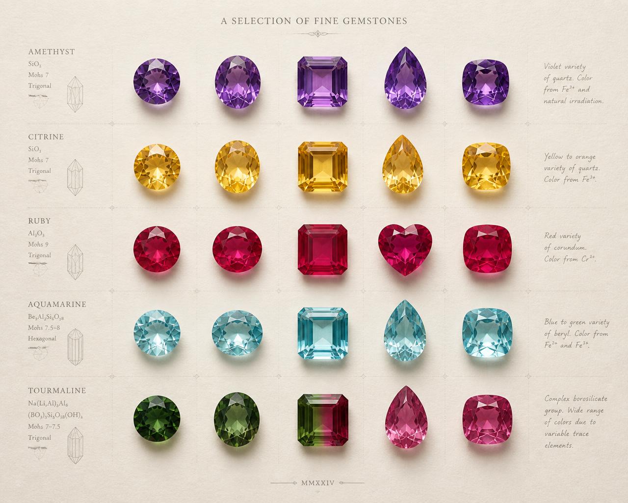 Catalogue of faceted amethyst, citrine, ruby, aquamarine, and tourmaline gemstones