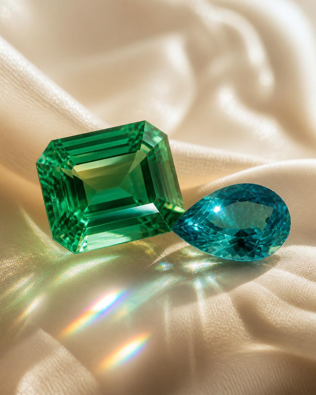 A faceted emerald and teal sapphire refracting light on ivory silk