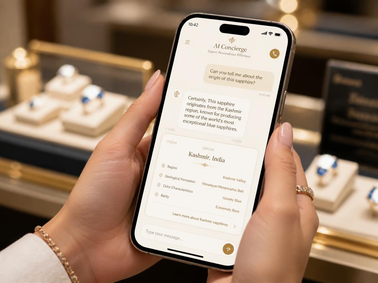 Gemstone Assistant answering a question about a Kashmir sapphire on a phone in a boutique